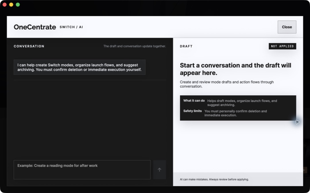 Die Bereiche Dialog und leerer Entwurf beim ersten Öffnen von Switch KI in der englischen Oberfläche auf dem Mac