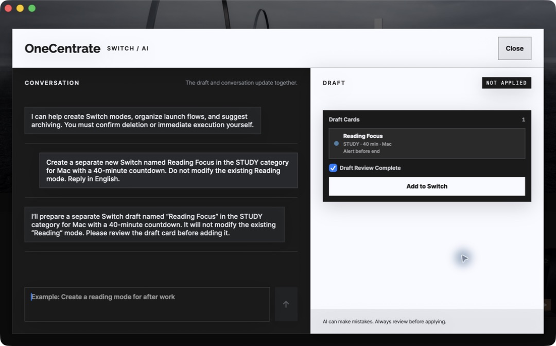 Geprüfter Switch-Entwurf neben einem englischsprachigen Dialog mit OneCentrate AI auf dem Mac