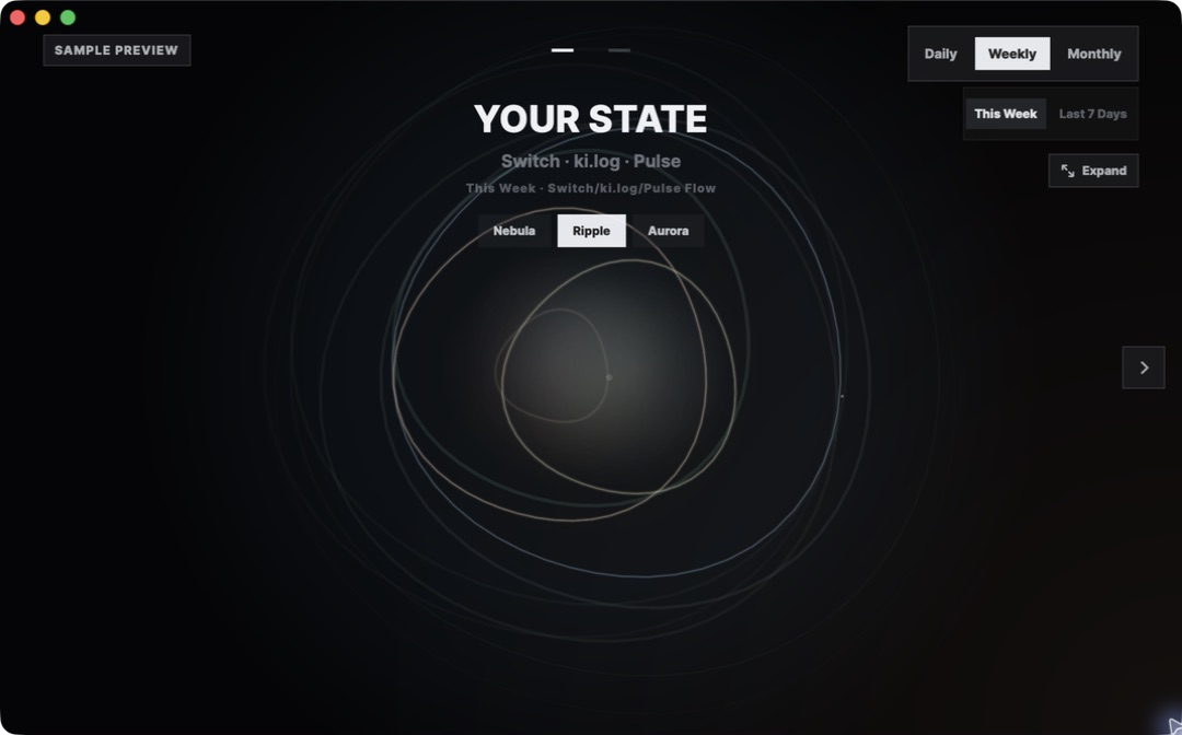 Your State mit Ripple-Darstellung und den Stilsteuerungen Nebula, Ripple und Aurora in der englischen Oberfläche auf dem Mac