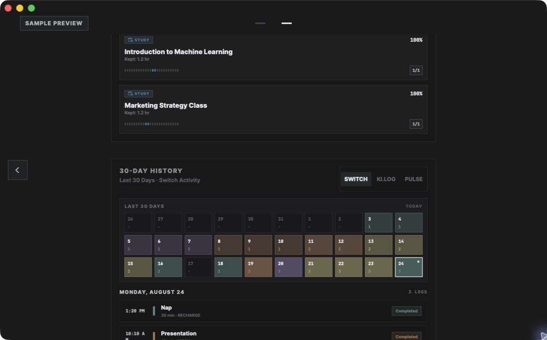 Interface en anglais d’Analysis sur Mac, avec les 30 derniers jours d’activité Switch et trois données pour la date sélectionnée