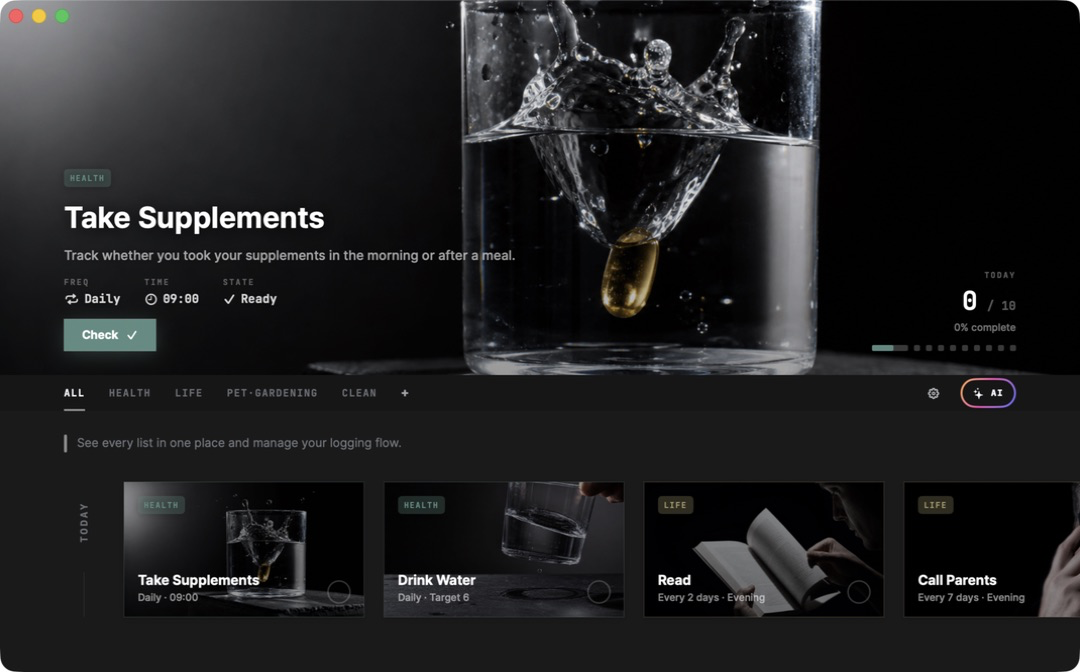 The ki.log screen on Mac with categories and several ki.log cards