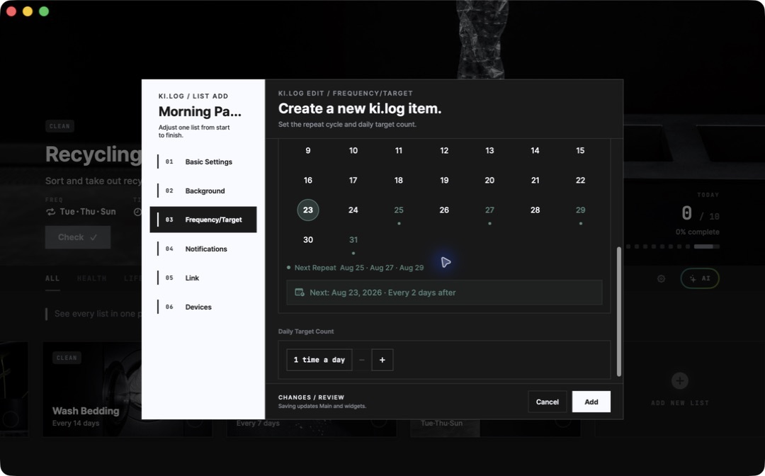 英文版 Mac 正在設定 ki.log 卡片的重複間隔與基準日期