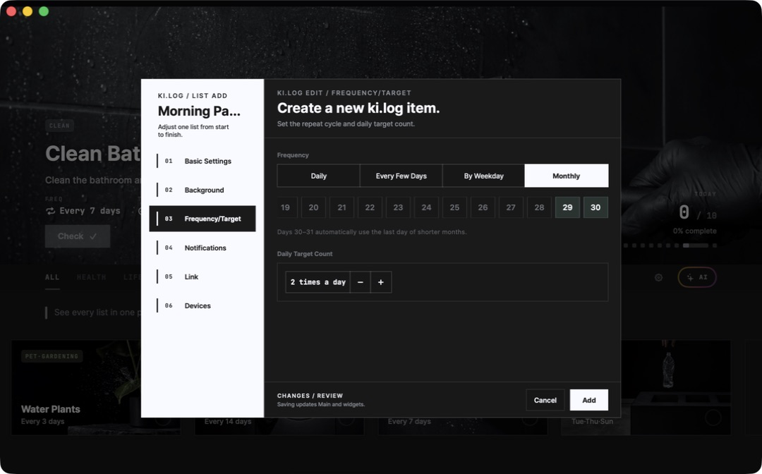 英文版 Mac 正在設定 ki.log 卡片的每月記錄日期與每日目標次數