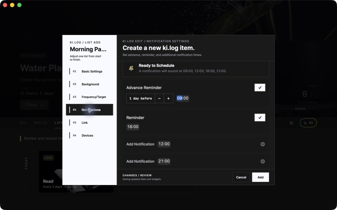 英文版 Mac 正在設定 ki.log 卡片的提前提醒與多個通知時間