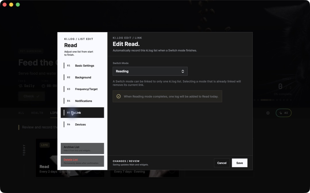 Verknüpfen eines Switch mit einer ki.log-Liste in den Einstellungen der englischen Mac-App