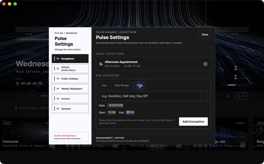 英文版 Mac Pulse 例外畫面，顯示已儲存的時段例外與全天、日期範圍、時段選項