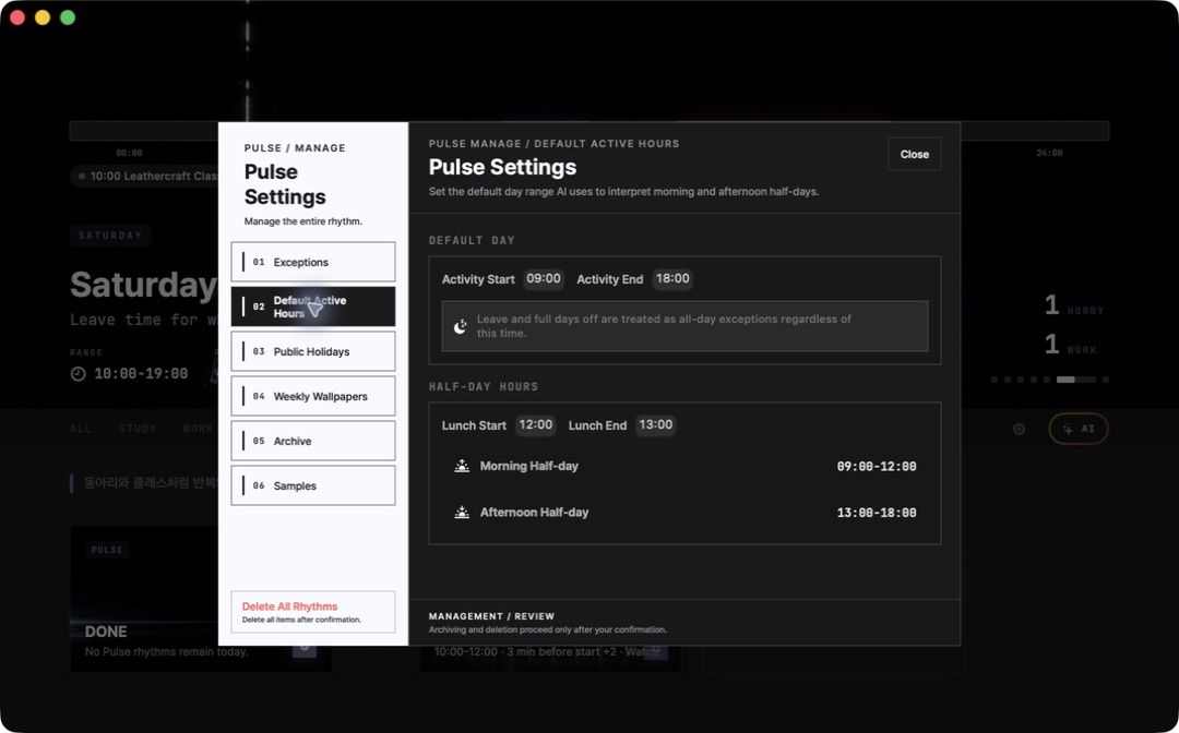 英文版 Mac Pulse 基本活動時間畫面，顯示活動時間、午休及上午與下午半天假範圍