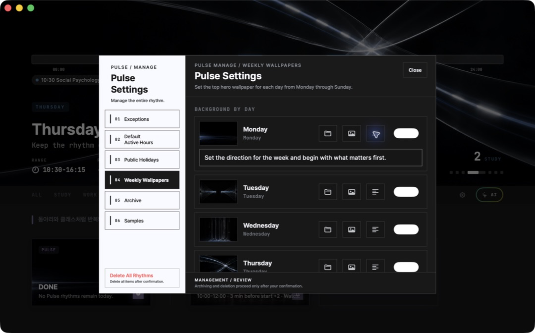 英文版 Mac 上 Pulse 的星期一到星期日背景設定