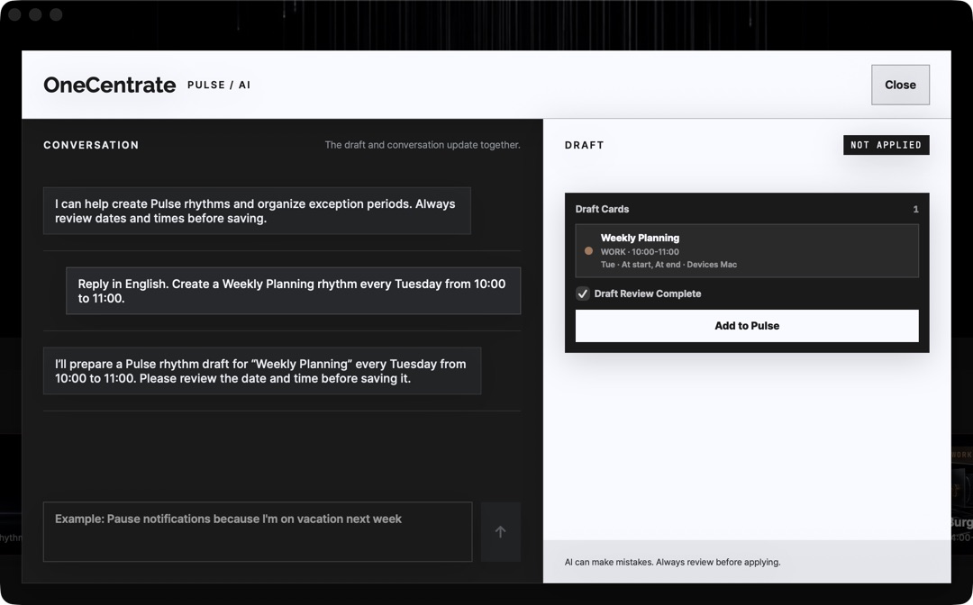 Prüfung eines Rhythmusentwurfs für Weekly Planning in Pulse KI in der englischen Oberfläche auf dem Mac