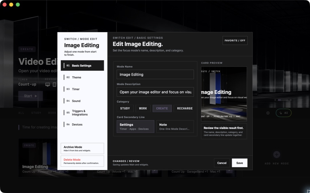 Englischer Switch-Editor auf dem Mac mit Modusname, Kategorie und Detaileinstellungen