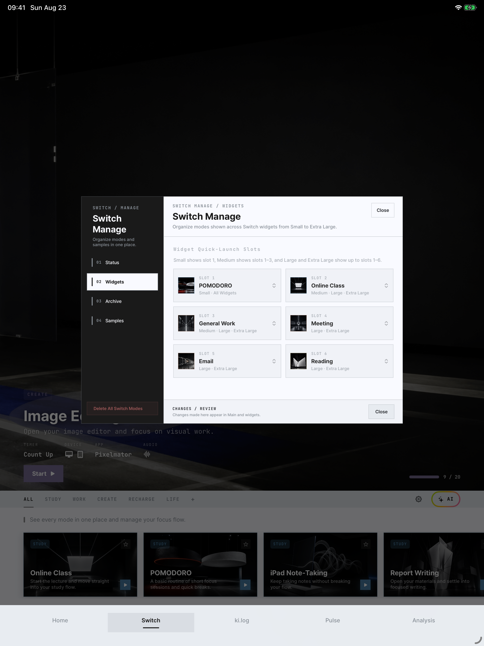 Sechs Widget-Schnellstartplätze in der Switch-Verwaltung in der englischen Oberfläche auf dem iPad