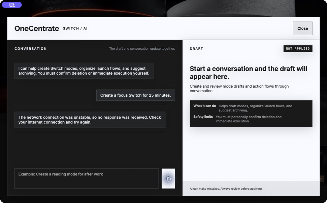 Netzwerkfehlermeldung und Taste für einen erneuten Versuch in einem datenschutzfreundlichen Gespräch mit OneCentrate AI auf einem englischsprachigen Mac
